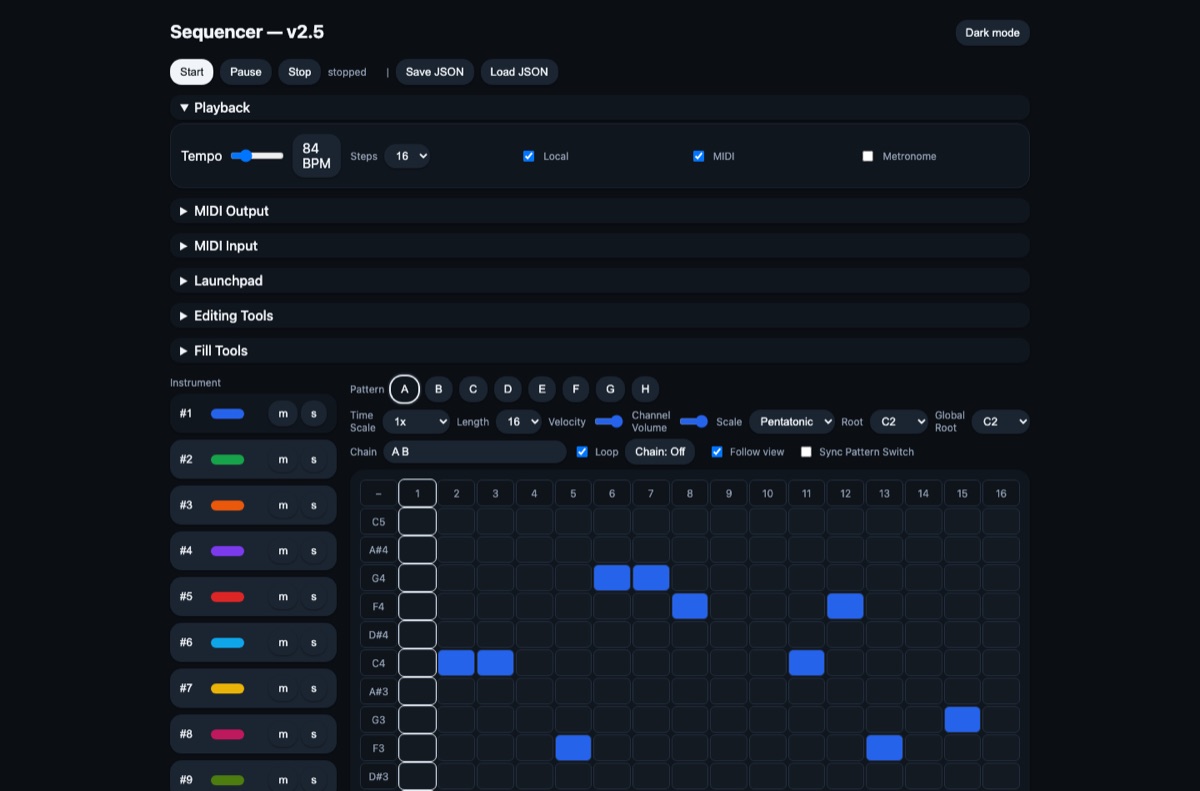 The sequencer running: ten instruments, eight patterns, a sixteen-step grid